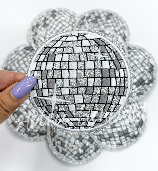 3.15” Silver glitter disco ball embroidery patch iron on