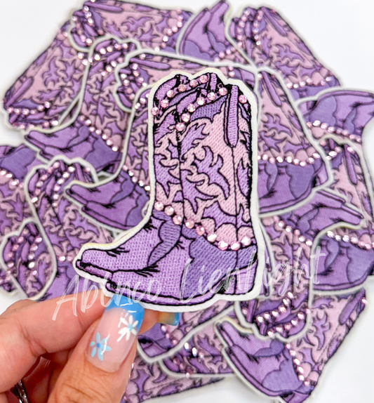 Purple rhinestone cowboy boot patch iron on