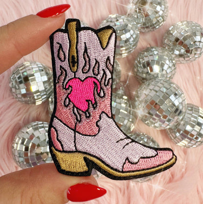 Burning Love Cowgirl Boot Patch, Pink or Lilac: Pink