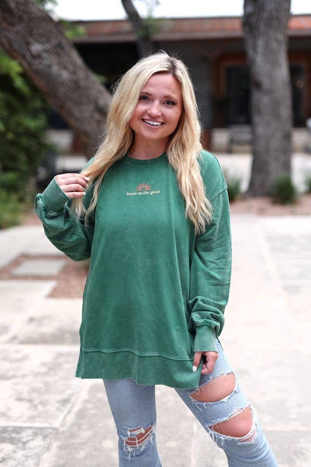 Mineral Wash Pullover- Enjoy The Now (Forest Green): 2XL