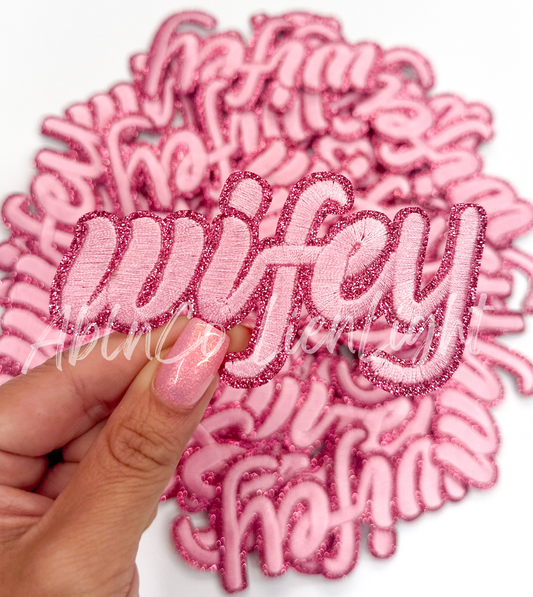 Cursive Wifey pink glitter font trucker hat patch iron on