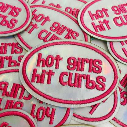 2.5" Hot Girls Hit Curbs PINK & SILVER  -  Embroidered Hat Patch: Embroidered Patch