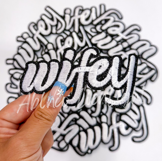 Cursive Wifey white glitter font trucker hat patch iron on