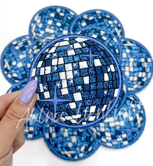 3.15” Blue glitter disco ball embroidery patch iron on 