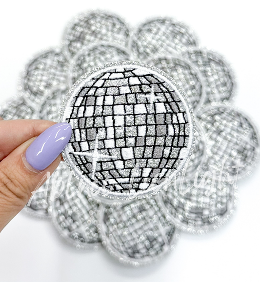 2” Silver glitter disco ball embroidery patch iron on