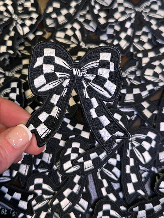 Checkered Bow Black and White Patch, bow patch, hat patch