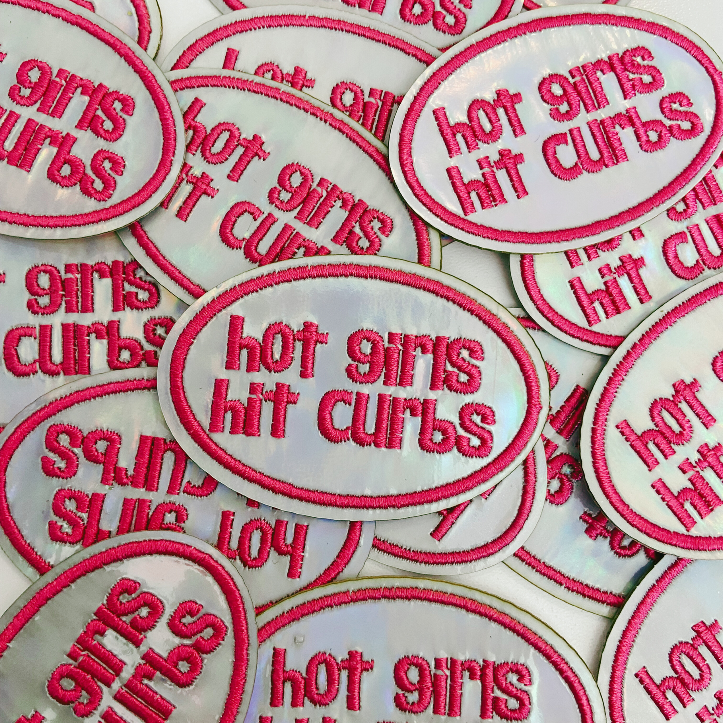 2.5" Hot Girls Hit Curbs PINK & SILVER  -  Embroidered Hat Patch: Embroidered Patch