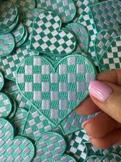 Checked heart Turquoise and White, heart hat patch,