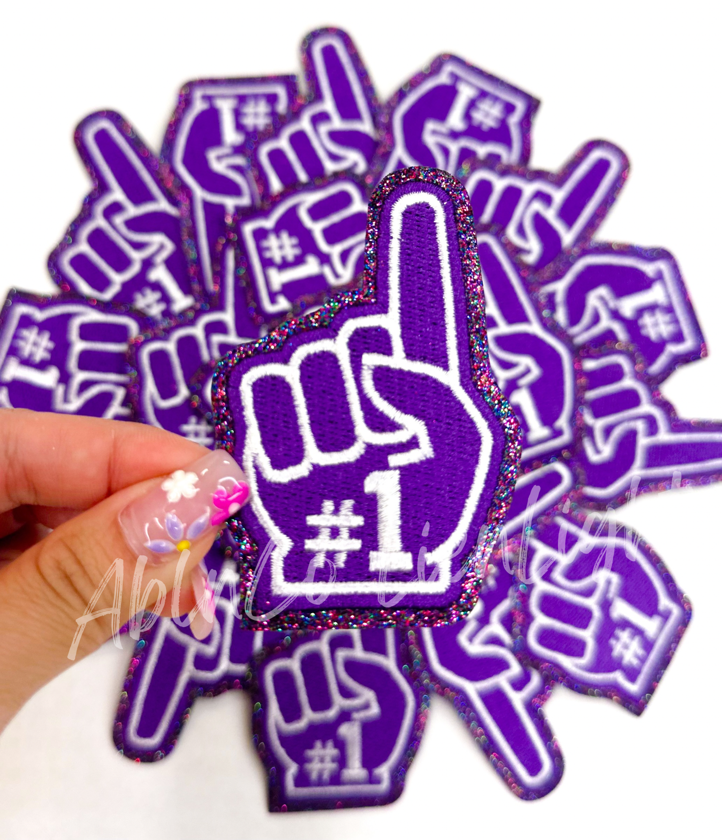 Purple #1 foam finger game day trucker hat patch iron on 