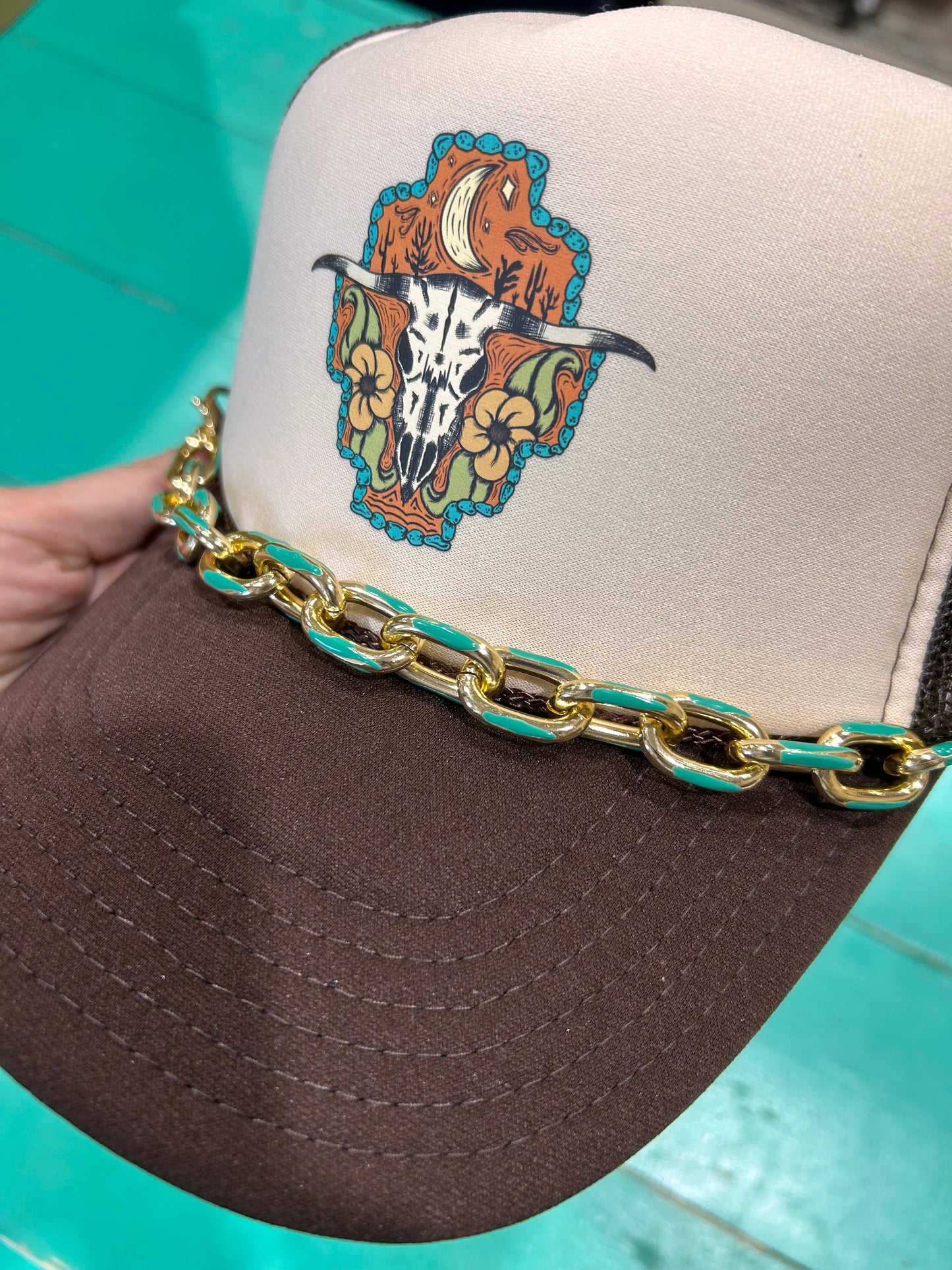 Chunky Teal Enamel Dipped Trucker Chain | Hat Band | Hat Bar