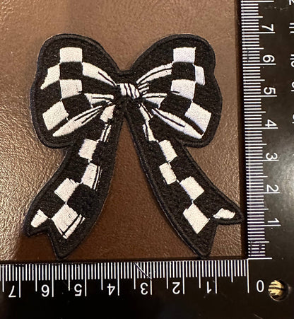 Checkered Bow Black and White Patch, bow patch, hat patch