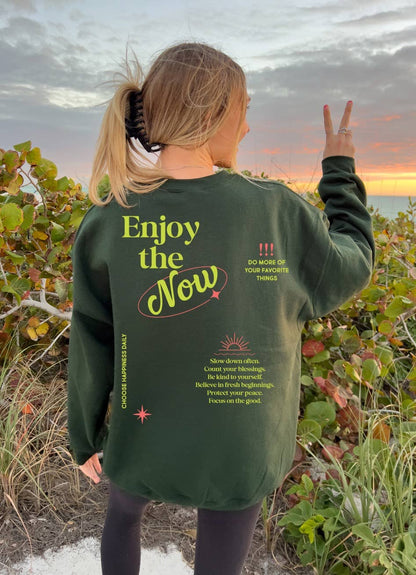 Mineral Wash Pullover- Enjoy The Now (Forest Green): 2XL