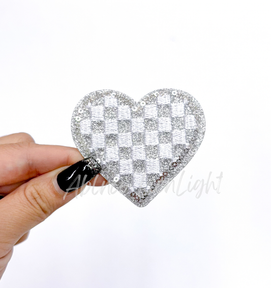 Silver checkered heart embroidery glitter sequin patch