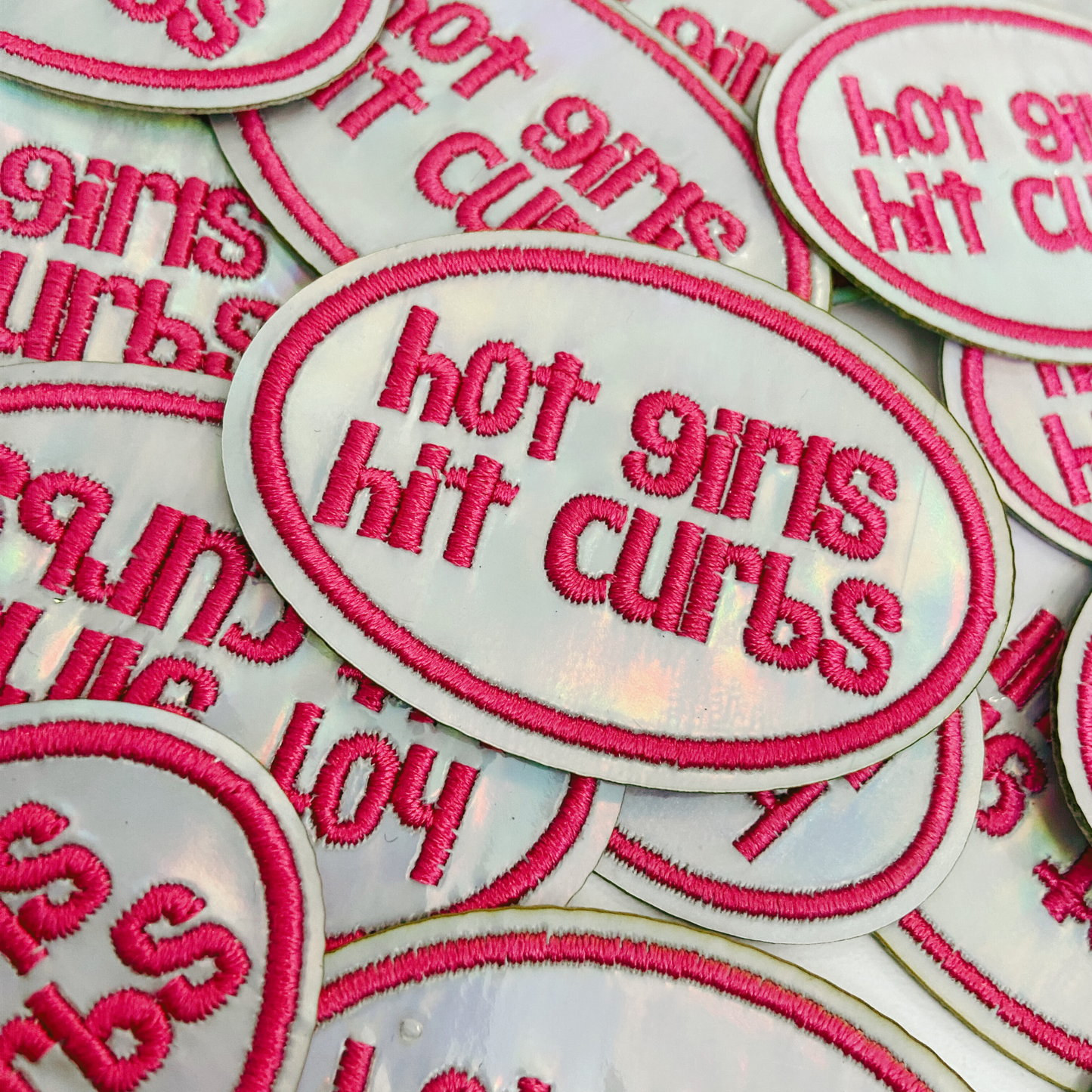 2.5" Hot Girls Hit Curbs PINK & SILVER  -  Embroidered Hat Patch: Embroidered Patch