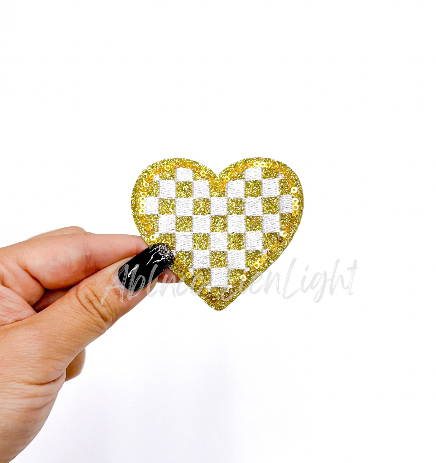 Gold checkered heart embroidery glitter sequin patch