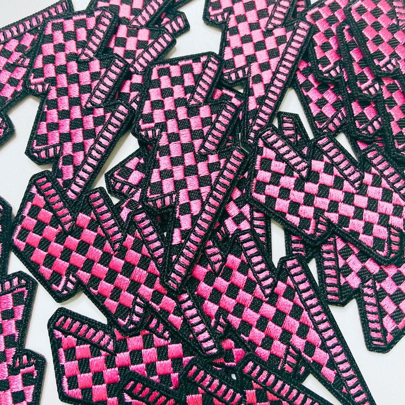 2.5” Checkered Lightning Bolt Pink or green -  Embroidered Hat Patch: QTY 1