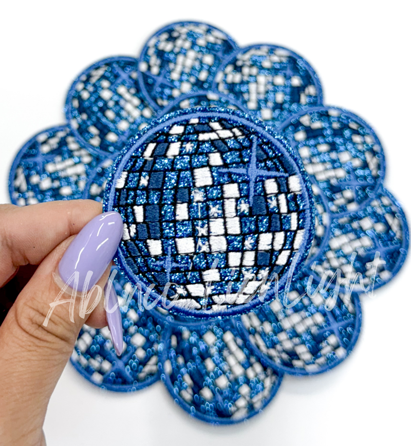 2” Blue glitter disco ball embroidery patch iron on