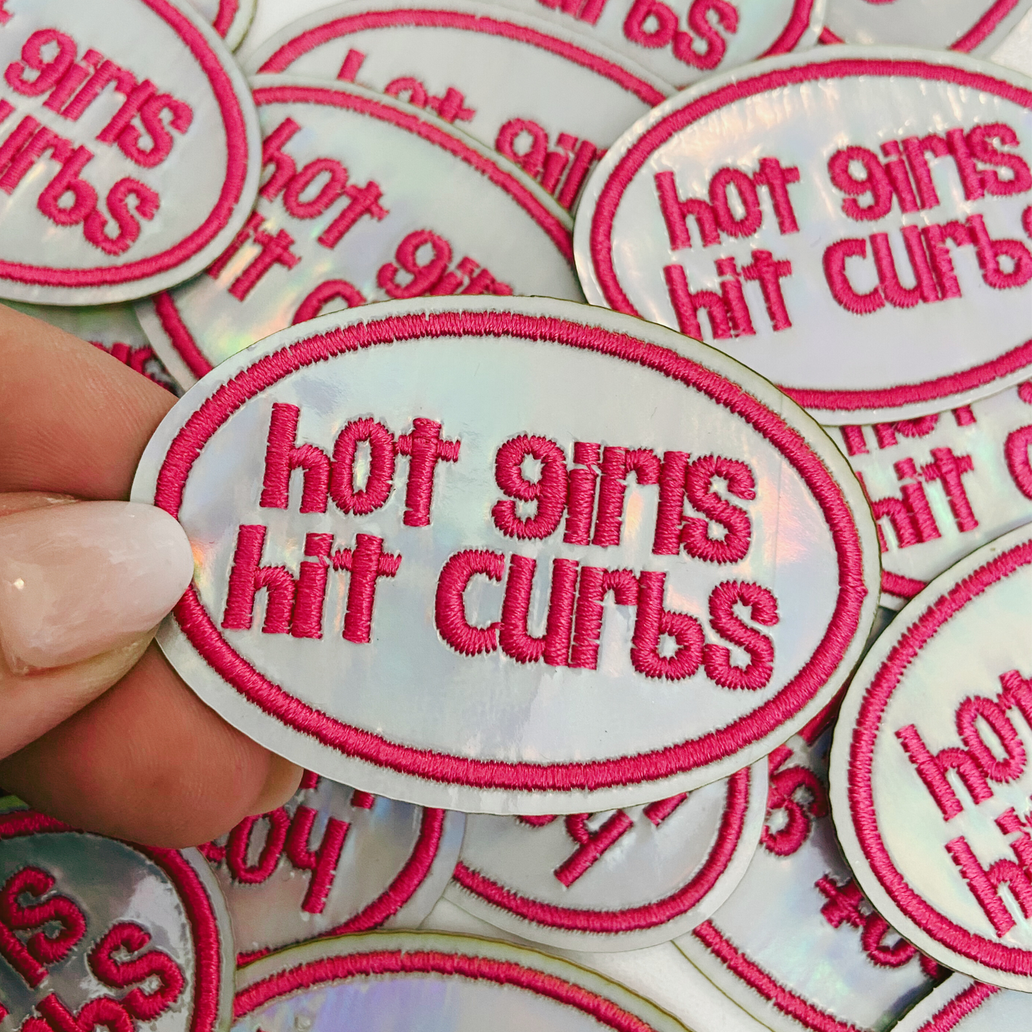 2.5" Hot Girls Hit Curbs PINK & SILVER  -  Embroidered Hat Patch: Embroidered Patch