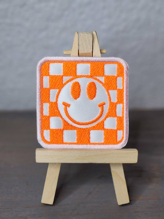 Neon Check Smiley Embroidered Patch: Neon Blue