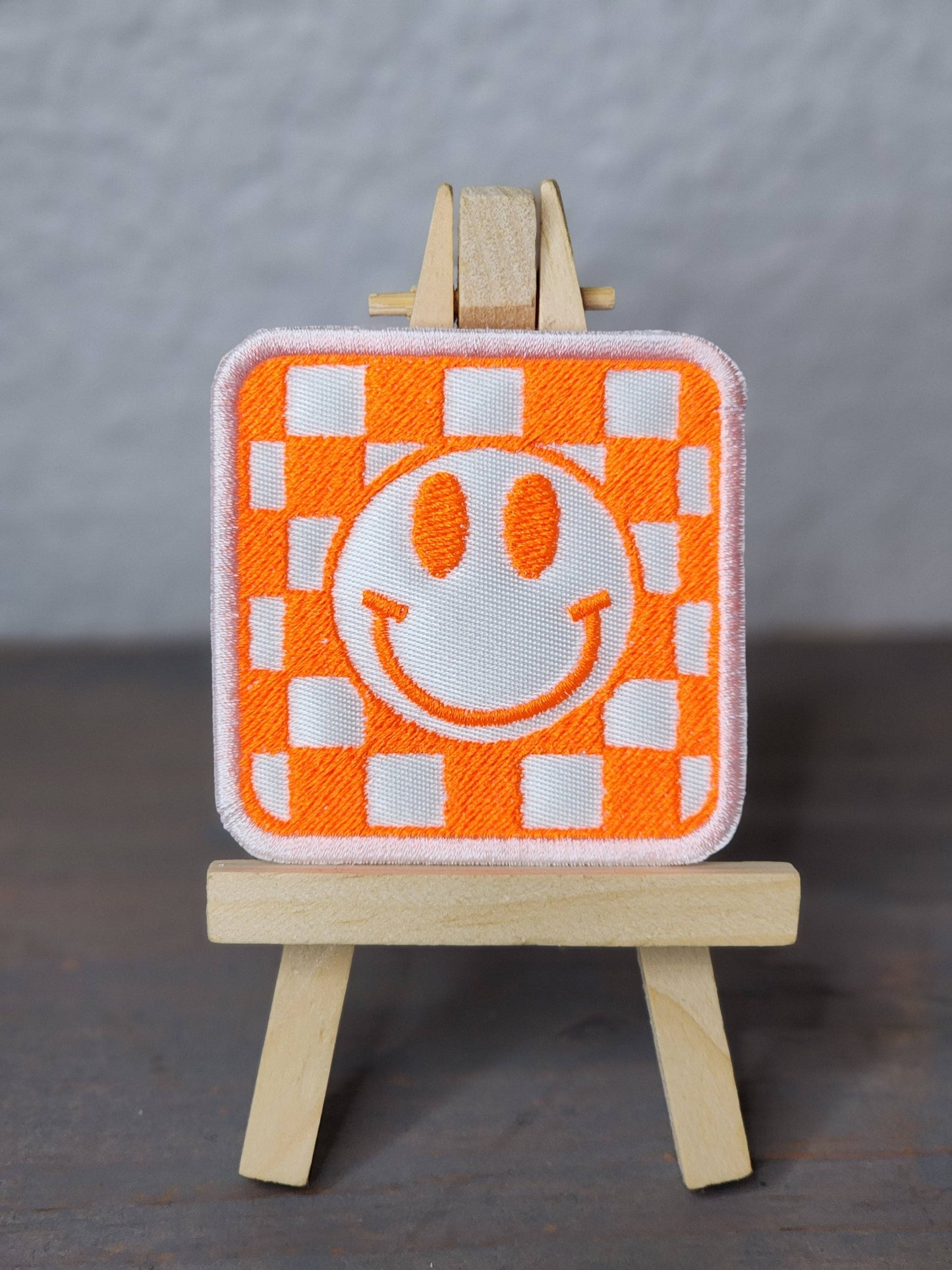 Neon Check Smiley Embroidered Patch: Neon Pink