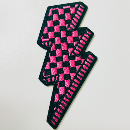 2.5” Checkered Lightning Bolt Pink or green -  Embroidered Hat Patch: QTY 1