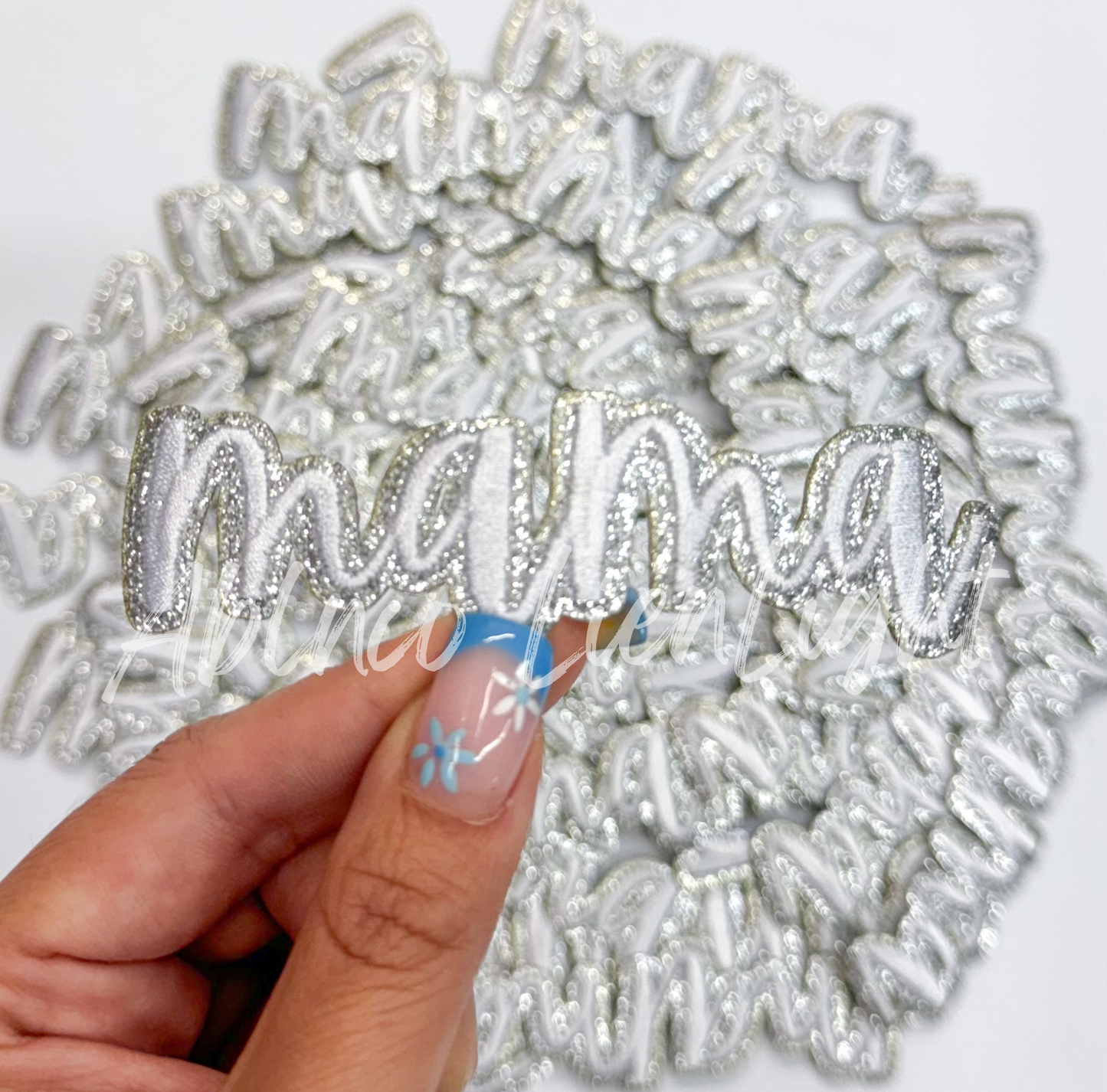 Mama white cursive patch glitter trucker hat patches iron on