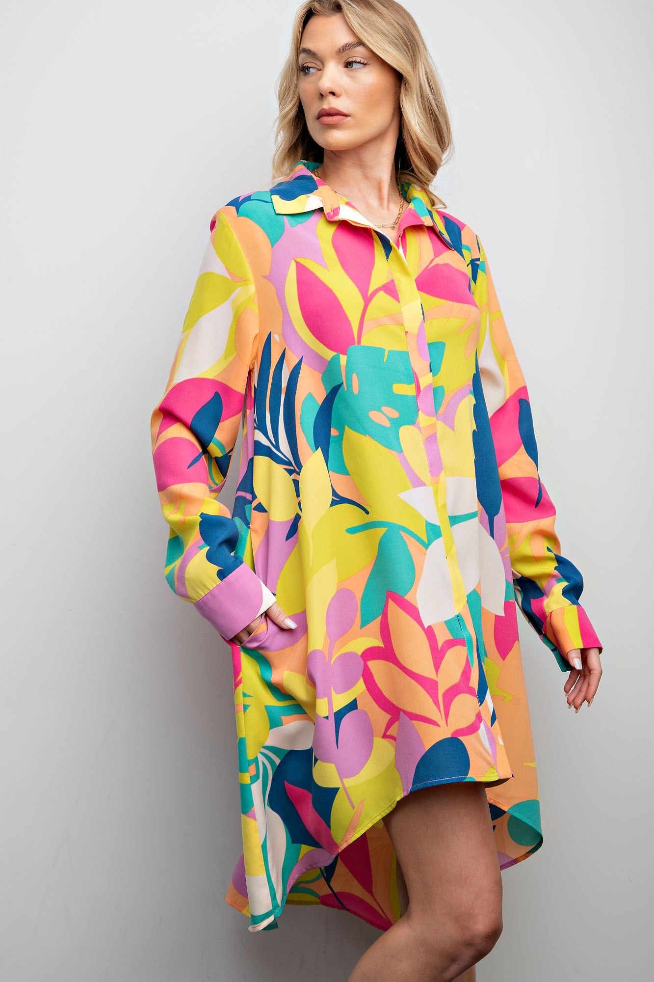 Leaf Print Challis Shirt Dress