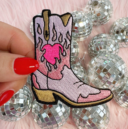 Burning Love Cowgirl Boot Patch, Pink or Lilac: Pink