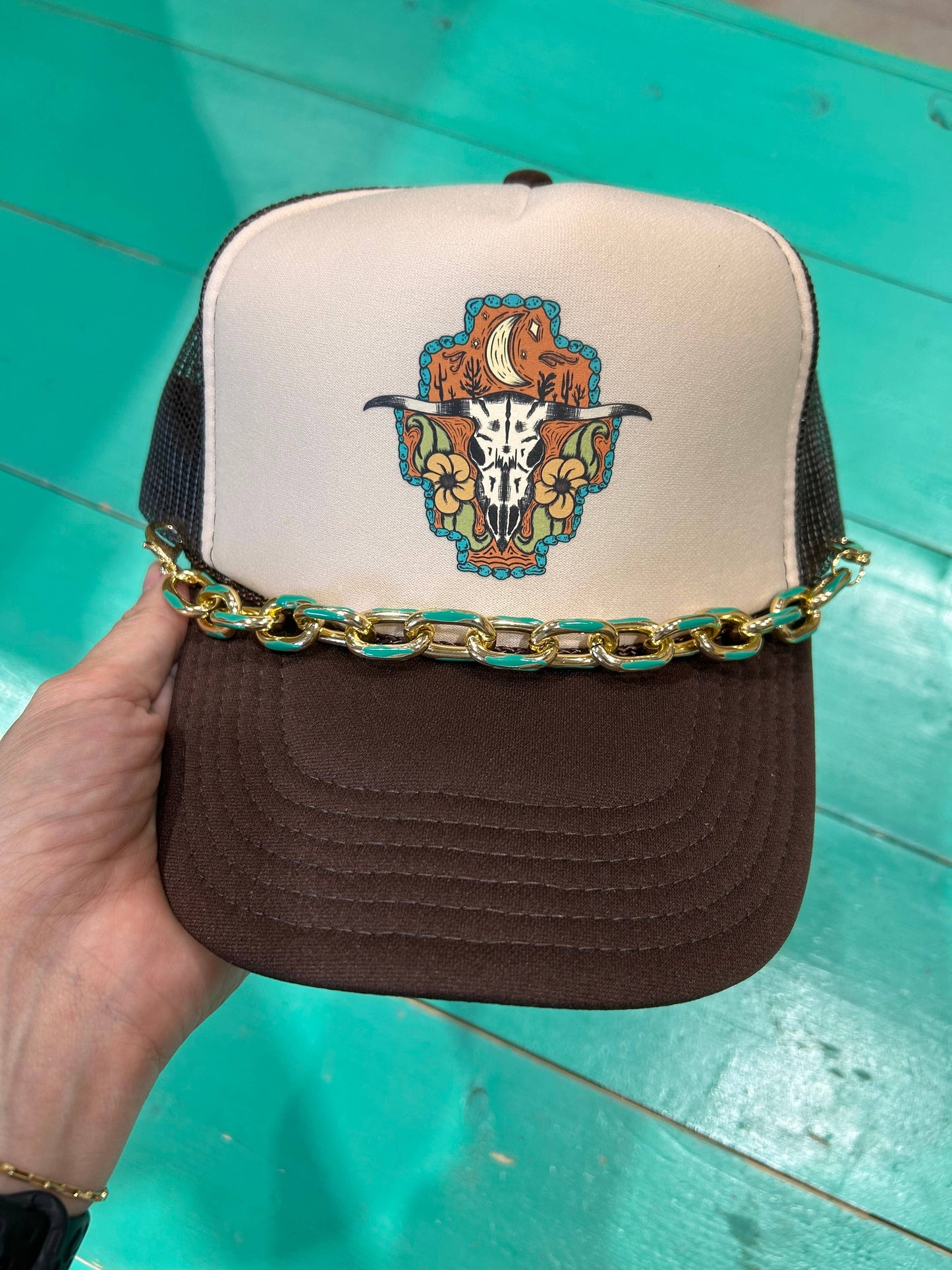 Chunky Teal Enamel Dipped Trucker Chain | Hat Band | Hat Bar