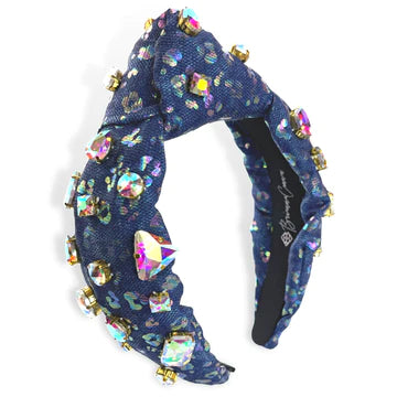 LEOPARD DENIM HEADBAND WITH IRIDESCENT CRYSTALS