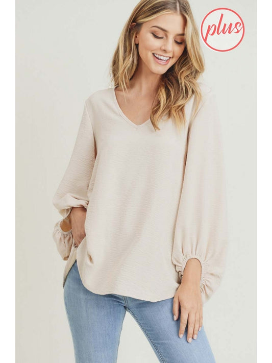 Solid Blouse with Long Bubble Sleeves