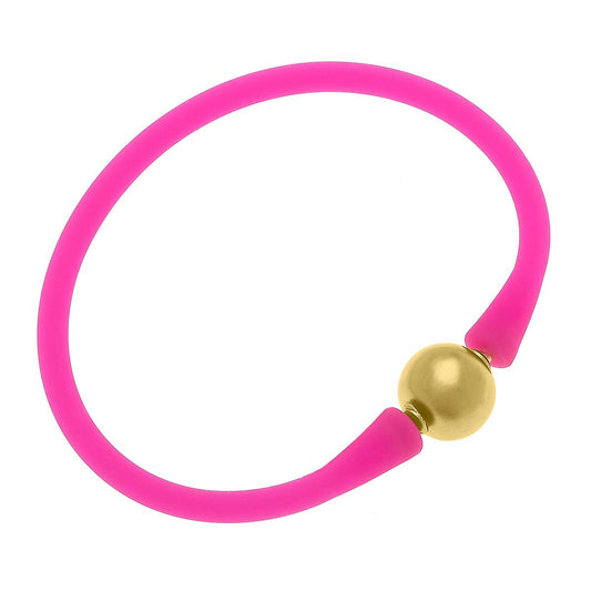 Bali 24K Gold Plated Ball Bead Silicone Bracelet in Fuchsia