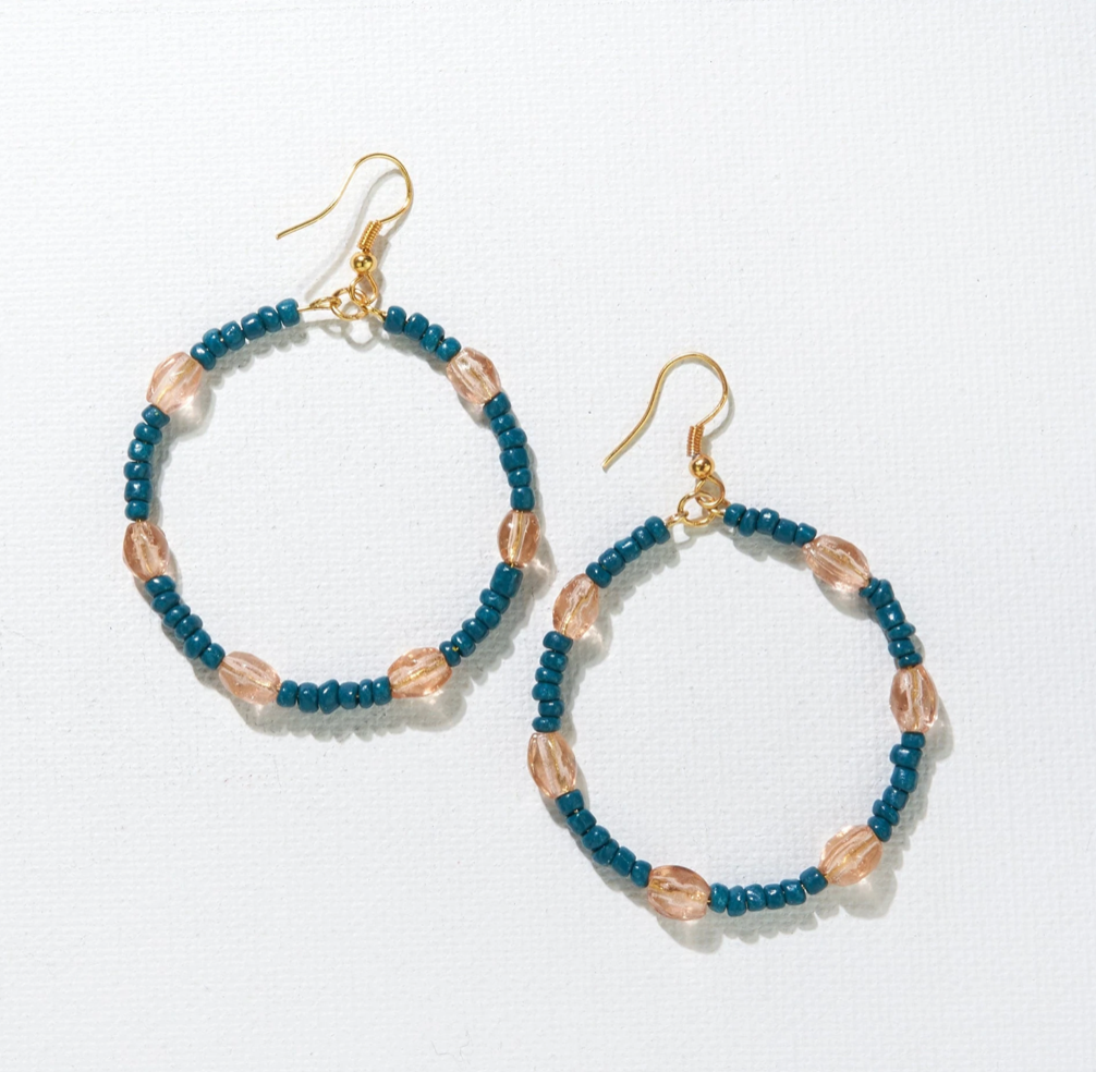 PEACOCK AND PINK BEAD HOOP DANGLE EARRINGS