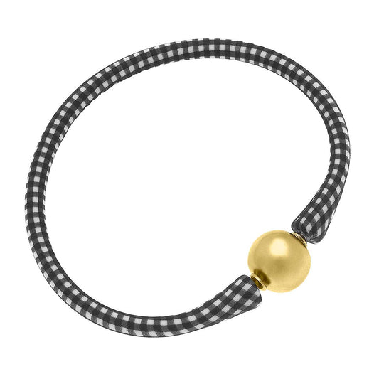 Bali 24K Gold Plated Ball Bead Silicone Bracelet in Black Gingham