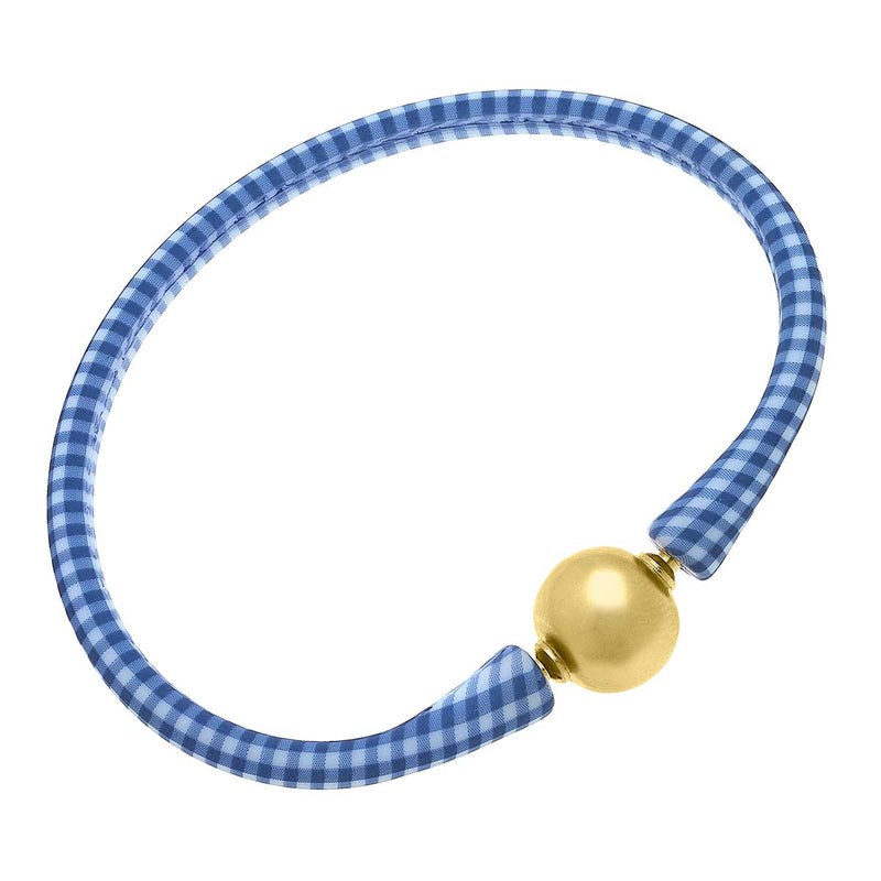 Bali 24K Gold Plated Ball Bead Silicone Bracelet in Blue Gingham