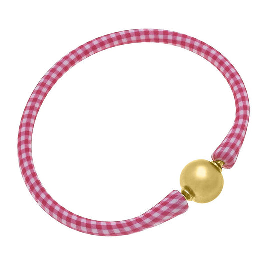 Bali 24K Gold Plated Ball Bead Silicone Bracelet in Pink Gingham